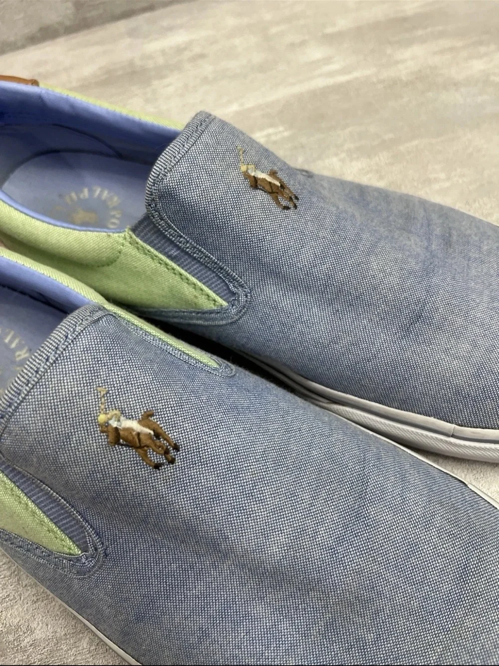 Polo Ralph Lauren Slip On Canvas Boat Shoes Men 11D Pastel Pink Blue Pink Green